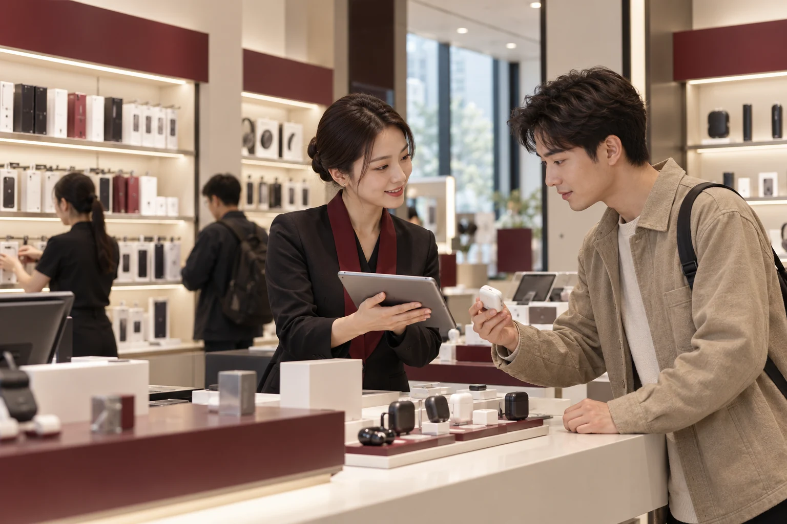 中国零售门店店员使用平板为顾客提供服务的主题配图